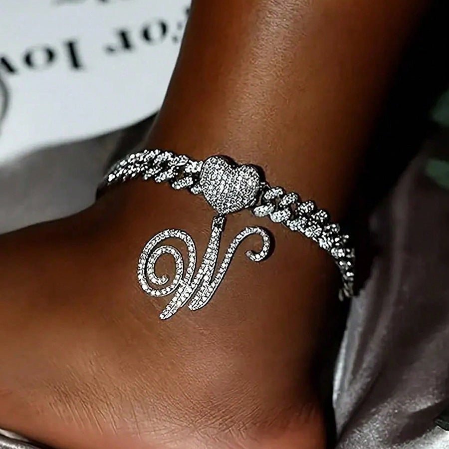 Cursive Initial Letter Diamond Cuban Chain Bracelet &amp; Anklet, Hip-Hop/Punk Style