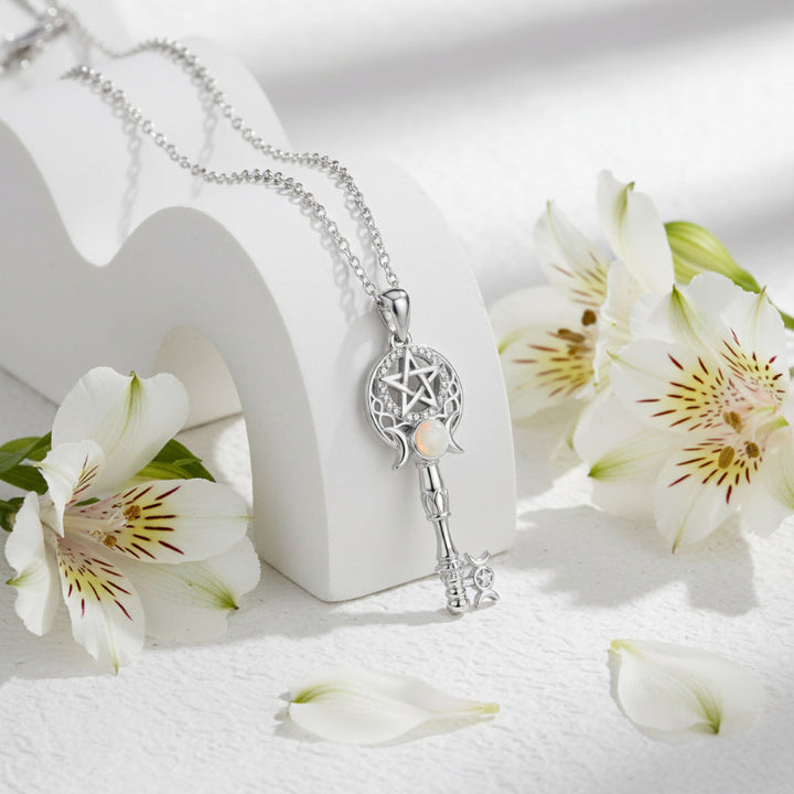 Pentagram Moon Opal Key Necklace, Sophisticated Collarbone Necklace For Women