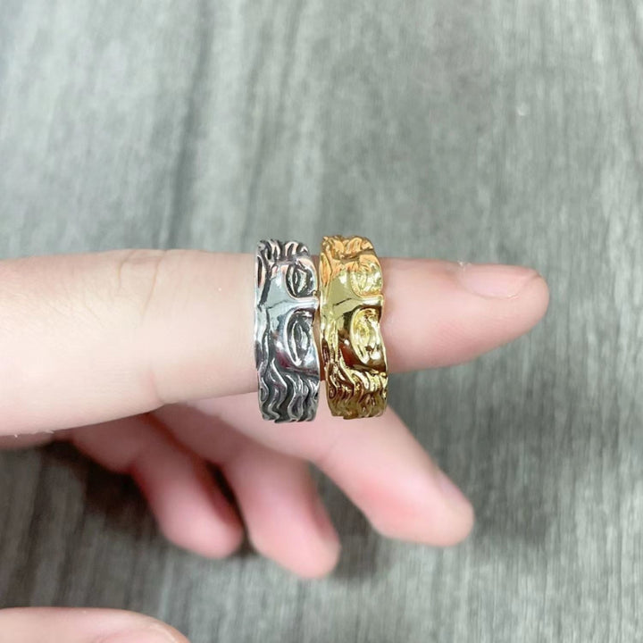 Antique Sculpted Face Open Cuff Statement Ring