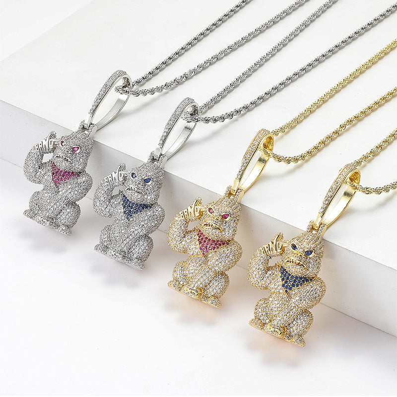 Iced Out Gorilla Hand Gun Pendant Necklace, 18K Gold Silver Hip Hop Rope Chain Jewelry