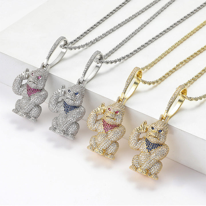Iced Out Gorilla Hand Gun Pendant Necklace, 18K Gold Silver Hip Hop Rope Chain Jewelry