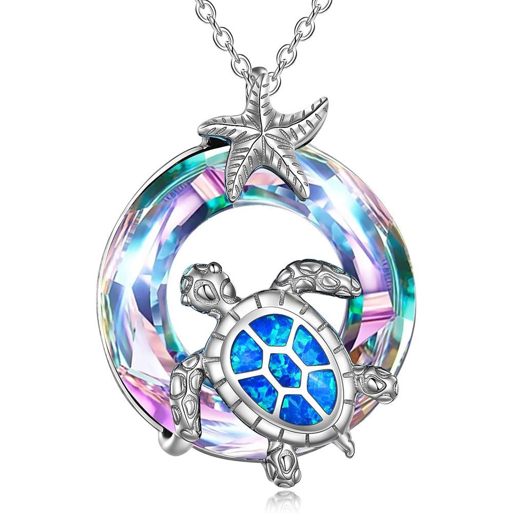 S925 Silver Colorful Gemstone Sea Turtle Pendant Necklace, Ideal Gift Choice