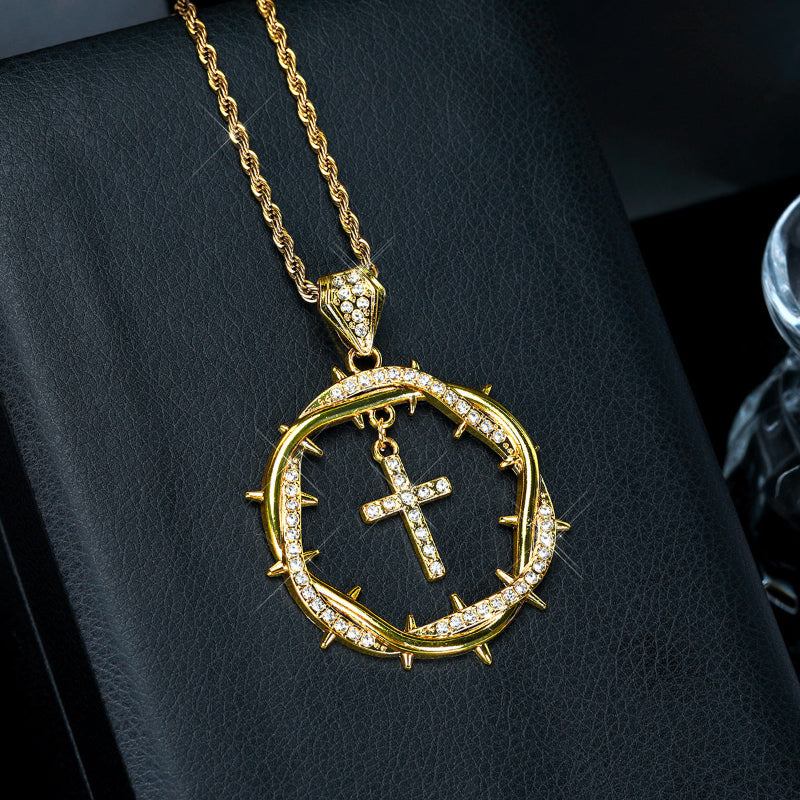 Intertwined Thorns Diamond-Studded Cross Pendant, Retro Creative Necklace Jewelry