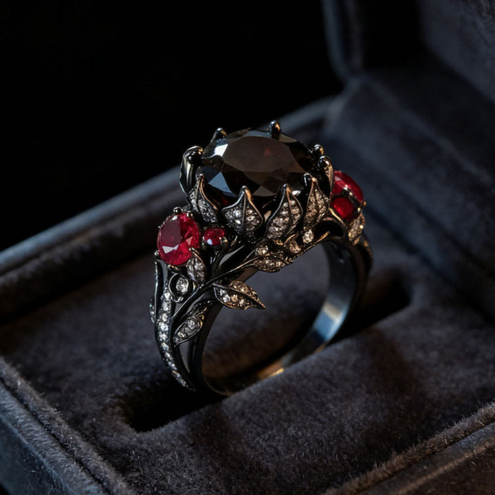Dark Floral Multi‑Gemstone Gothic Statement Ring, Two-Tone Vintage Floral Ring