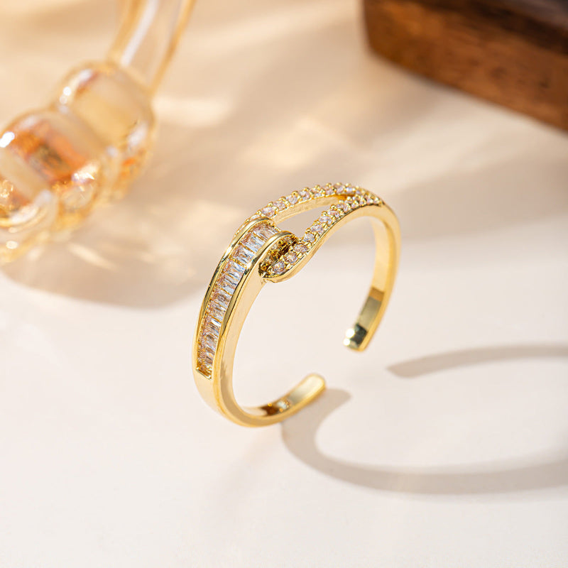 Twist Interlocked Diamond Open Ring, Adjustable 18K Gold Stackable Statement Band