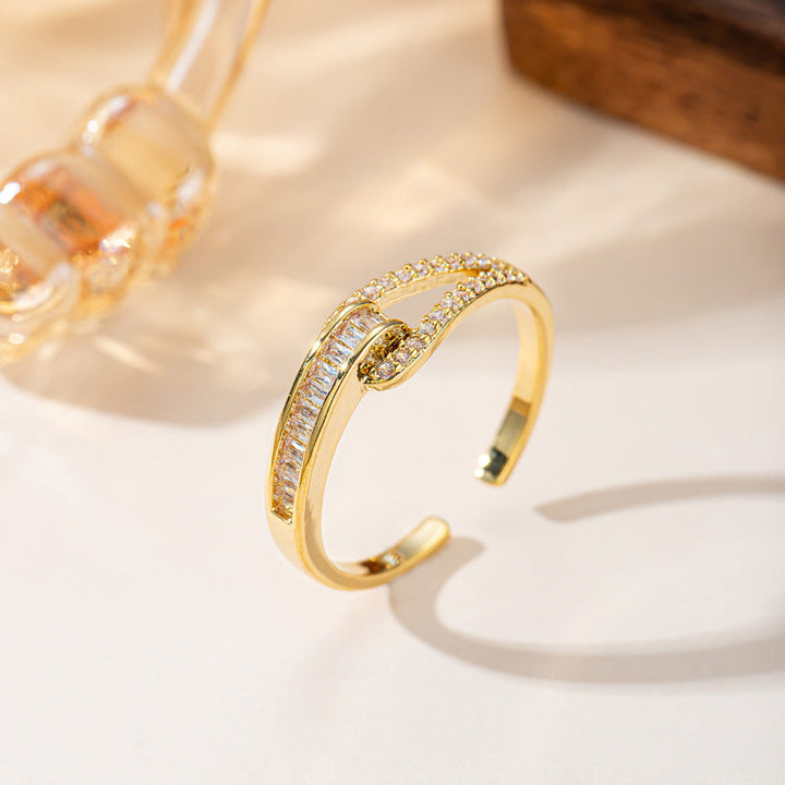 Twist Interlocked Diamond Open Ring, Adjustable 18K Gold Stackable Statement Band