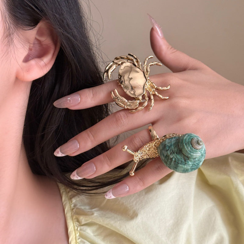 2 Styles Ocean Animal Sculpted Statement Ring, 18K Gold Crab & Natural Shell Snail