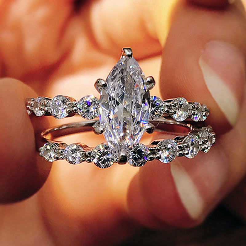 Marquise Diamond Double Row Pave Bridal Ring Set, Split-Shank Stackable Wedding Duo