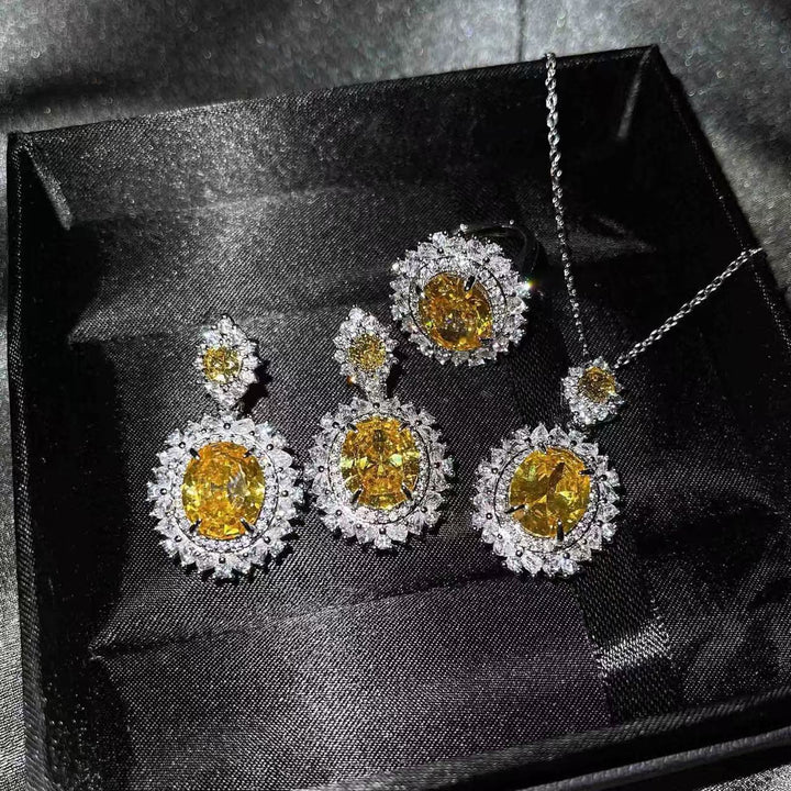 Oval Cut Gemstone Jewelry Set, 3Pcs Necklace Earring Ring Set, Luxury Statement Jewelry for Women