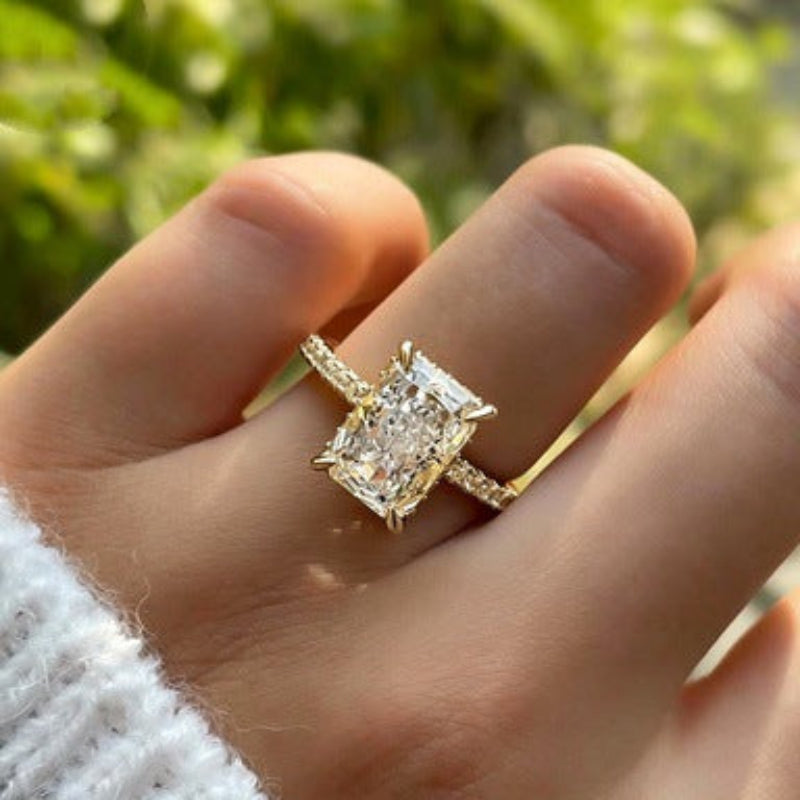 2 Tone Radiant Cut Pave Engagement Ring, Minimal Luxury Prong-Set Bridal Statement Jewelry