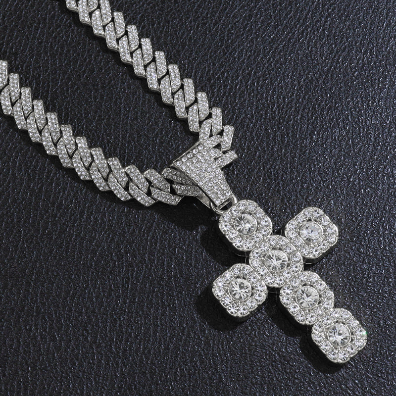 Halo Square Cluster Diamond Cross Pendant Cuban Link Necklace, Hip Hop Faith Religious Statement Jewelry