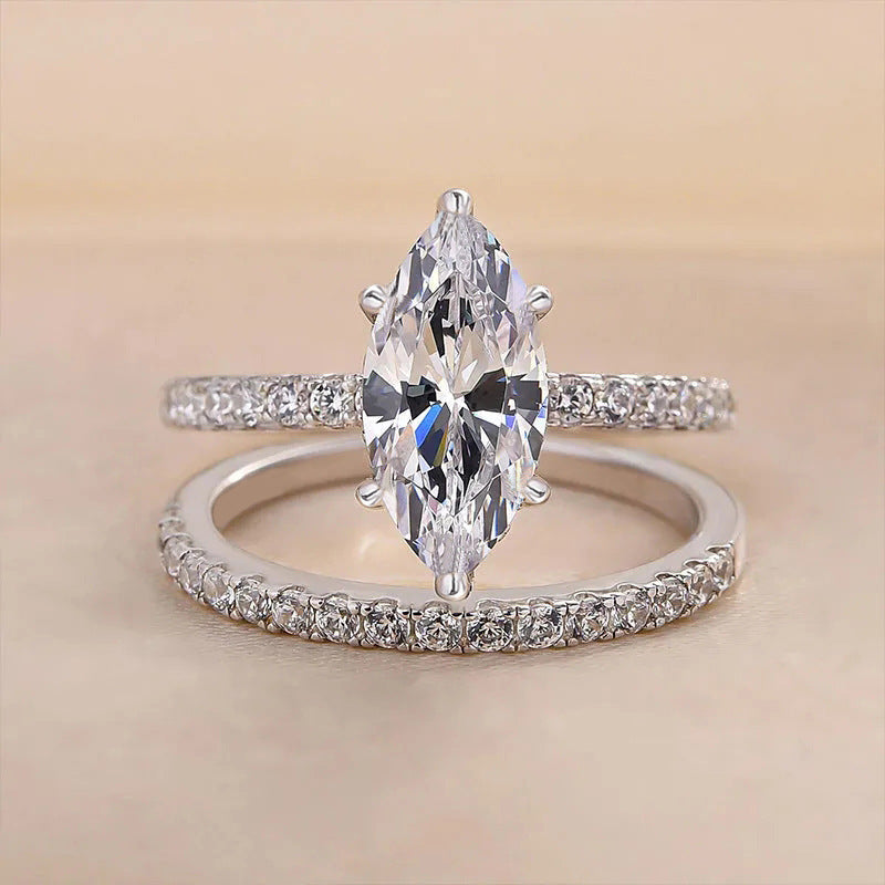Marquise Diamond Dual Row Pave Bridal Ring Set, Silver Stackable Wedding Duo