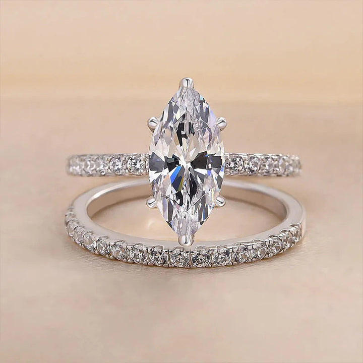 Marquise Diamond Dual Row Pave Bridal Ring Set, Silver Stackable Wedding Duo