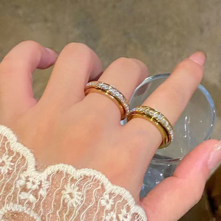 Rotating Ring Paved Clear Diamond Band, 3 Tone Minimal Thin Wedding Statement Ring