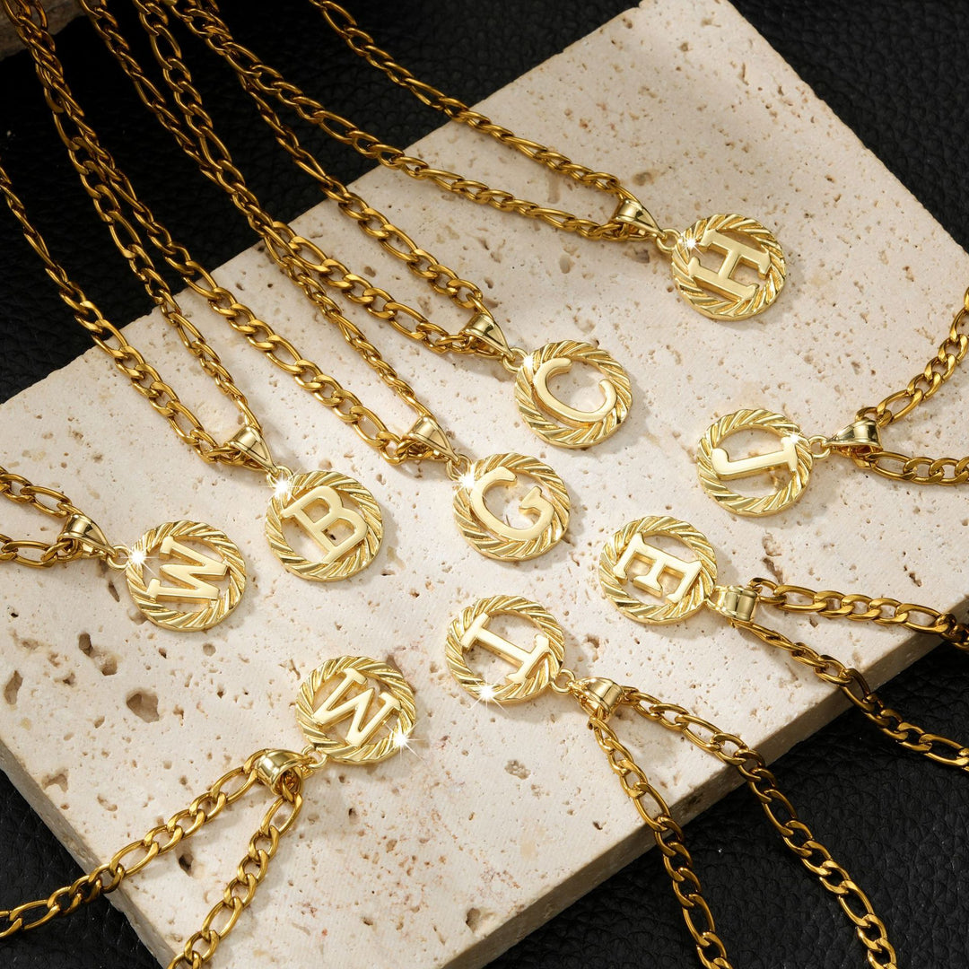 26 Initial Letter Necklace, Twisted Round Alphabet Pendant Figaro Chain for Men Women