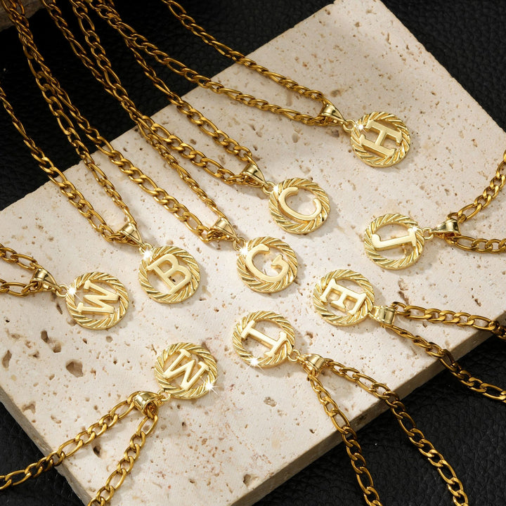 26 Initial Letter Necklace, Twisted Round Alphabet Pendant Figaro Chain for Men Women