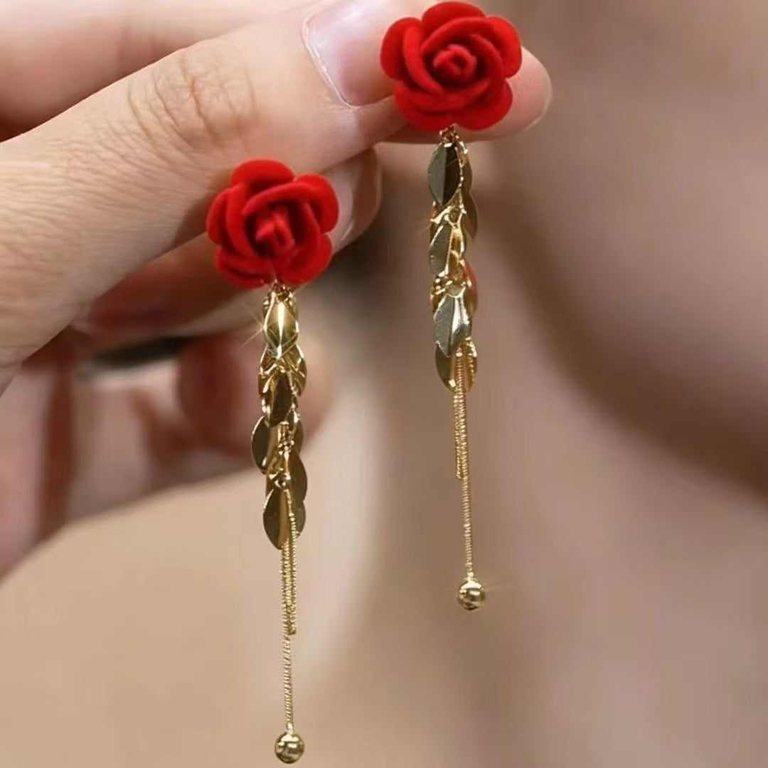 Romantic Red Rose Drop Earrings, Long Tassel Leaf Dangle Earrings for Women Party Jewelry