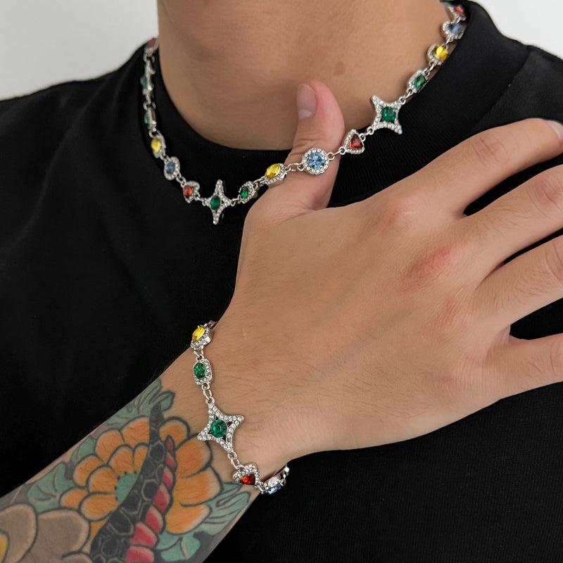 New Men's Colored Gemstone Cross Necklace and Bracelet, Colorful Gem & Diamond Star Link Jewelry Set
