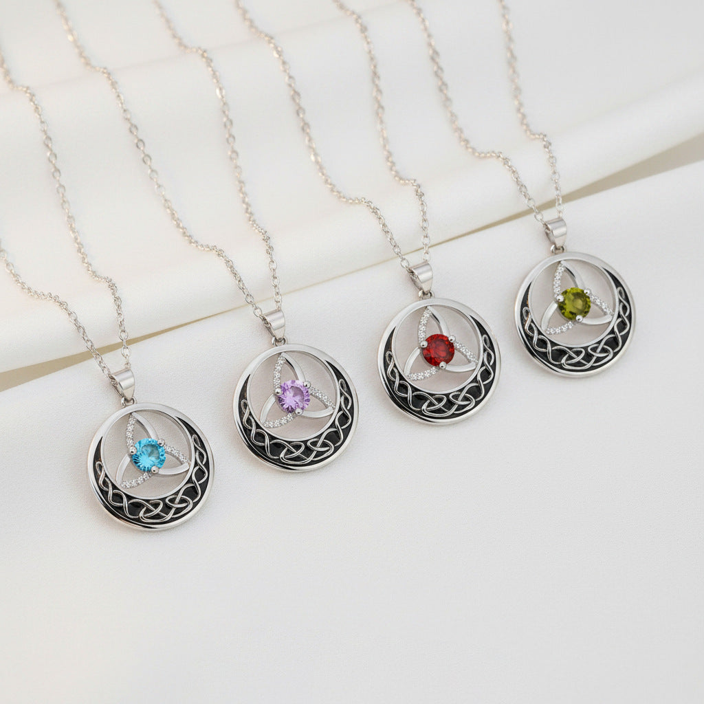 Celtic Trinity Knot Moon Pendant Necklace, S925 Silver, 12 Birthstone Color Options
