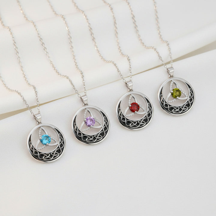 Celtic Trinity Knot Moon Pendant Necklace, S925 Silver, 12 Birthstone Color Options
