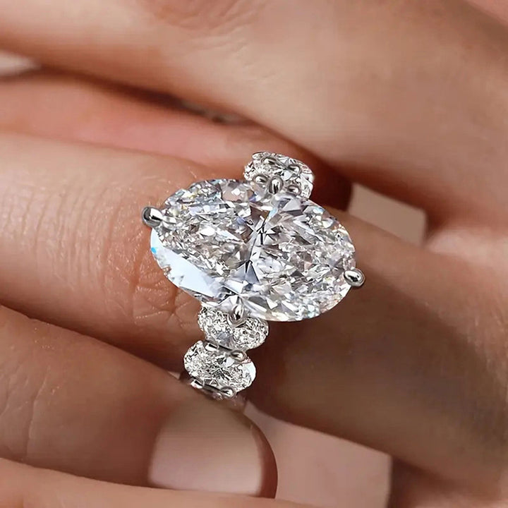 4 Prong Large Oval Diamond Double Cluster Side Stone Silver Engagement Statement Ring