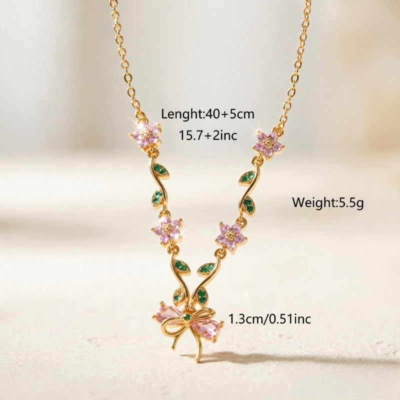 Vine Floral Bow Diamond Gold Necklace, 3 Pastel Tone Dainty Romantic Collarbone Chain