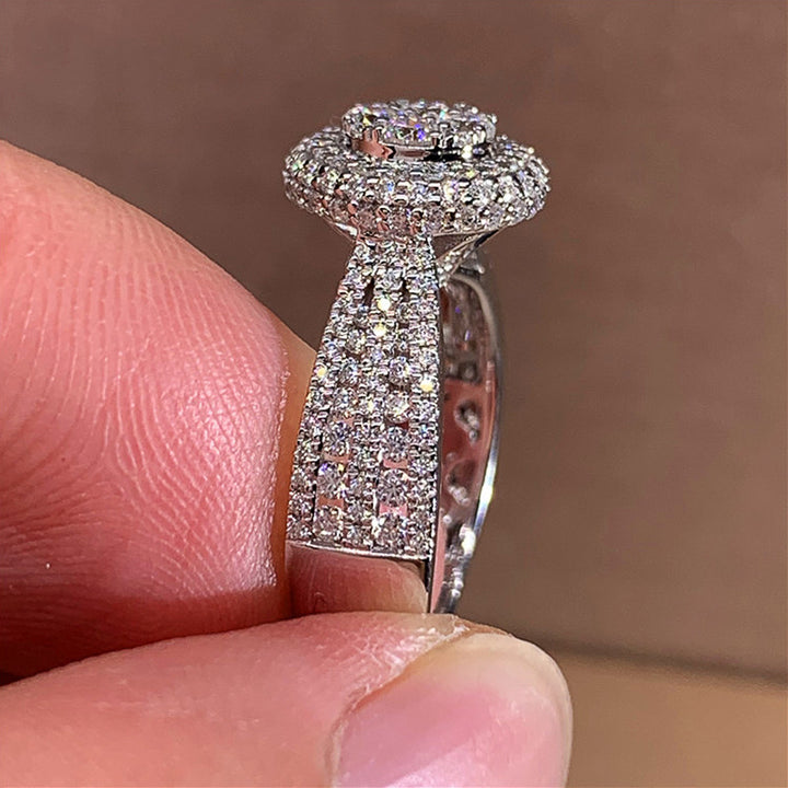 Double Halo Diamond Wide Band Statement Ring, Full Pave Shiny Women’s Fashion Ring