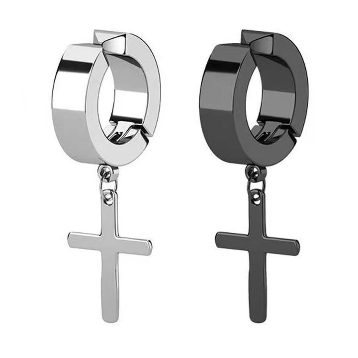 Non‑Piercing Cross Dangle Huggie Ear Clips, Punk Drop Cross Charm Hoop Ear Cuff for Men & Women