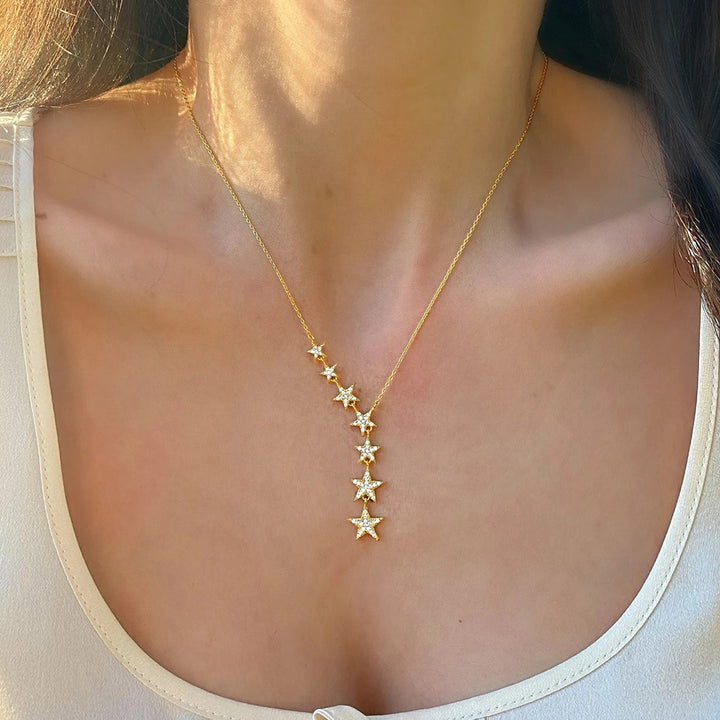Starry Y Drop Necklace, Cascading Seven Star Pendant Necklace Sparkling Statement Jewelry for Women