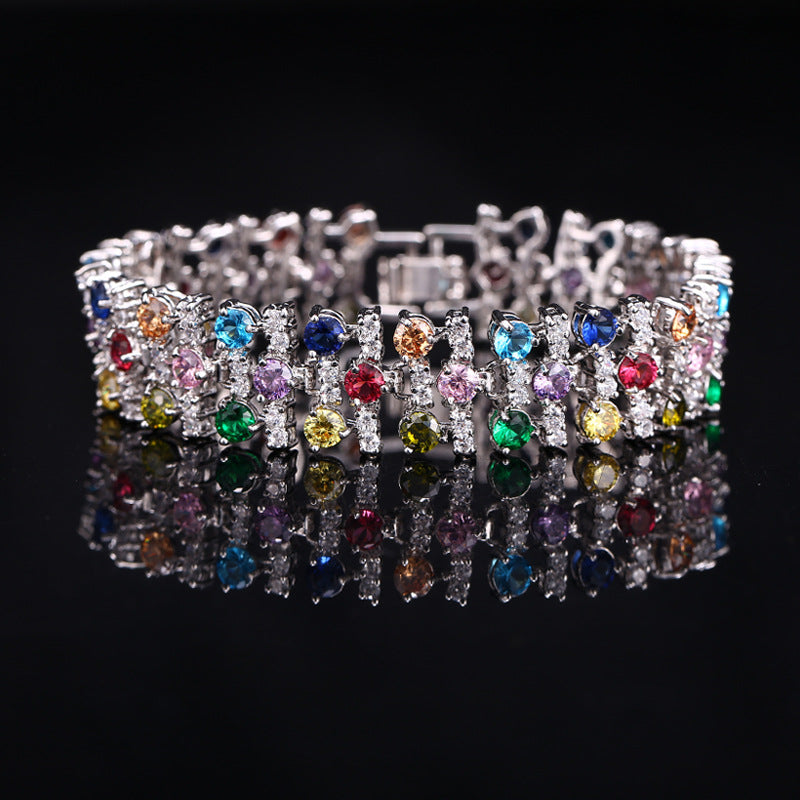 6-Tone Multi-Row Round Cut Diamond Tennis Bracelet Collection, Luxury Wide Link Evening Jewelry