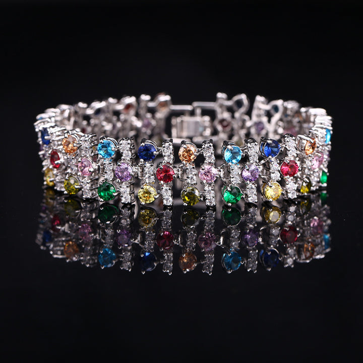 6-Tone Multi-Row Round Cut Diamond Tennis Bracelet Collection, Luxury Wide Link Evening Jewelry