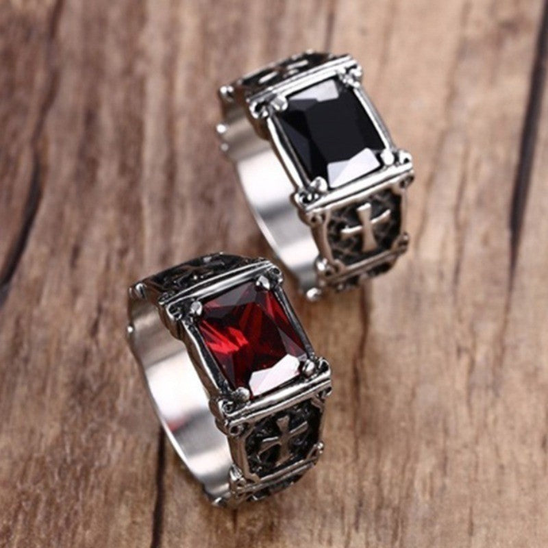 Gothic Cross Signet Ring, Vintage Rectangular Stone Statement Ring Punk Biker Jewelry for Men