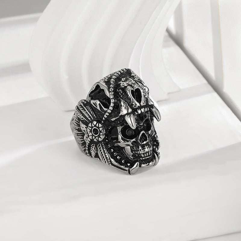 Vintage Carved Skull Totem Men’s Closed Band Ring, Distressed Punk-Style Ring