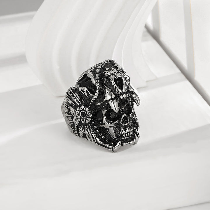 Vintage Carved Skull Totem Men’s Closed Band Ring, Distressed Punk-Style Ring