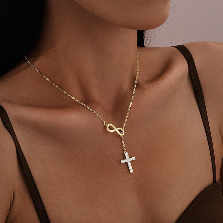 Infinity Y‑Drop Cross Necklace, Dainty Lariat Necklace With Paved Diamond Cross Pendant