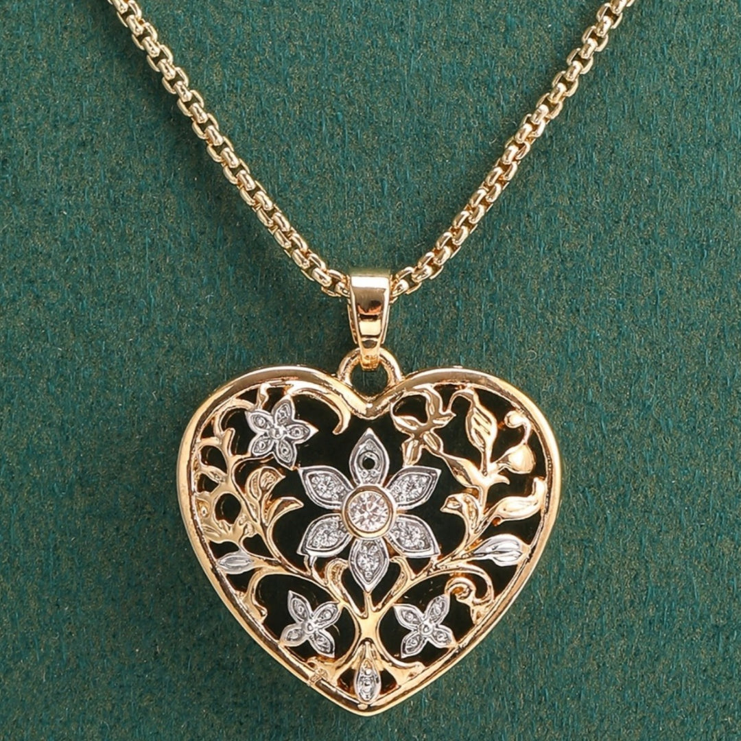 14K Gold Openwork Heart Diamond Pendant Necklace, Vintage Floral Filigree Necklace