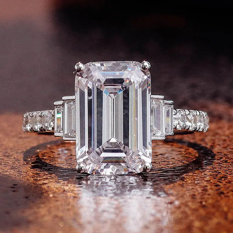 Emerald Cut Sparkling Diamond Ring, Elegant Luxury Engagement Style Jewelry for Women