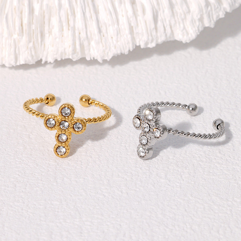 Twisted Band Cross Diamond Open Ring, Adjustable Vintage Stackable Finger Ring For Women