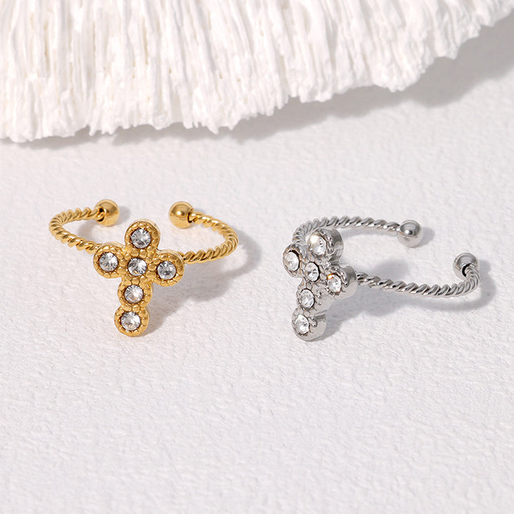 Twisted Band Cross Diamond Open Ring, Adjustable Vintage Stackable Finger Ring For Women