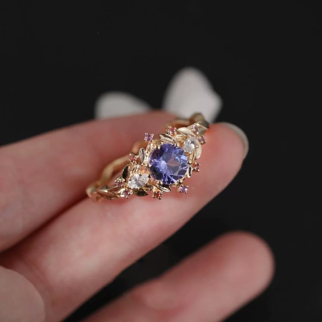 Vintage Leaf Purple Gemstone Open Ring, Elegant Adjustable Statement Ring for Women