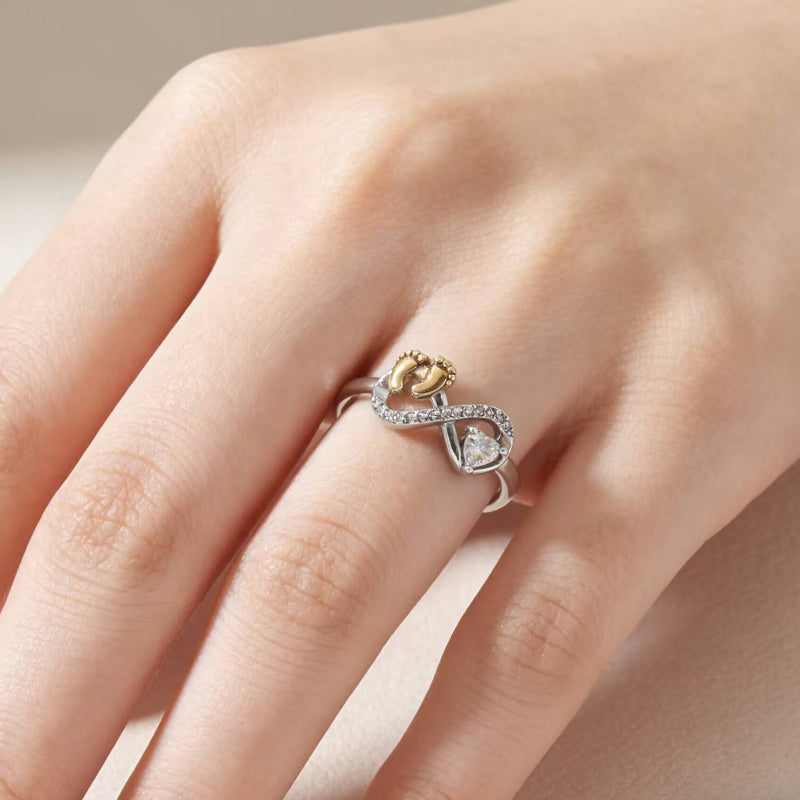 Open Adjustable Mom Baby Footprint Infinity Ring, Heart‑Stone Mother’s Keepsake Ring