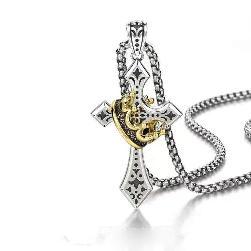 Rotating Crown and Cross Pendant Necklace; Vintage-Style, Non-Fading Clavicle Chain for Men