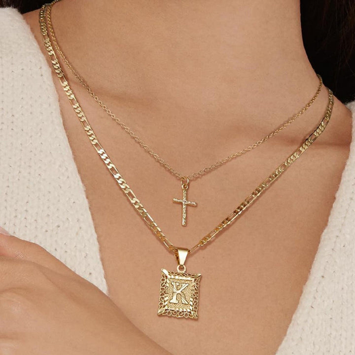 Stacked A-Z Initial Cross Diamond Necklace, Figaro & Thin Cable Chain Personalized Hip Hop Faith Statement Jewelry