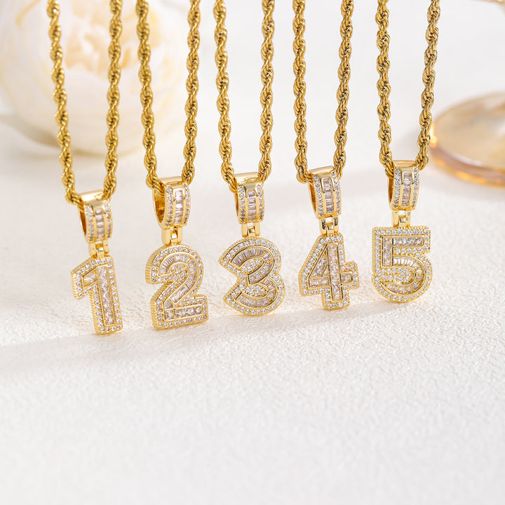Iced Out Number Pendant Necklace, Hip Hop Twist Chain Numeral Necklace for Men Women