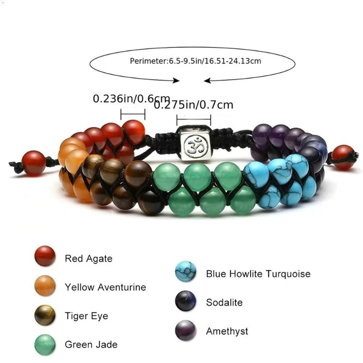 7 Chakra Double Layer Adjustable Braided Bracelet, Bohemian Raw Stone Bracelet Stackable Women Men Jewelry