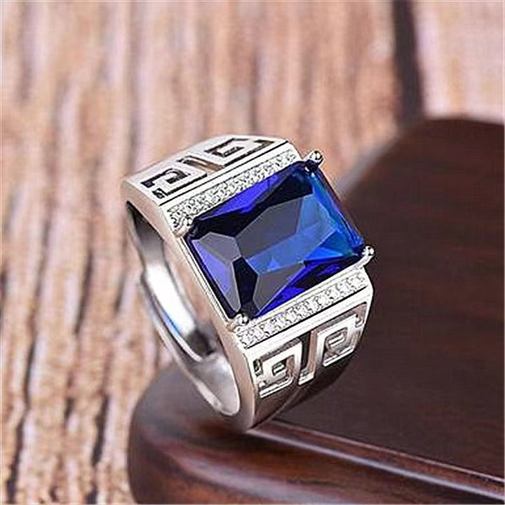 Geometric Pattern Open Statement Ring, Sophisticated Sapphire-Inlaid Ring for Men &amp; Women