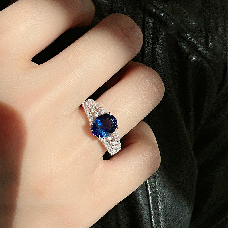Oval Blue Sapphire Split Shank Halo Ring, Adjustable Opening Diamonds Statement Ring For Women