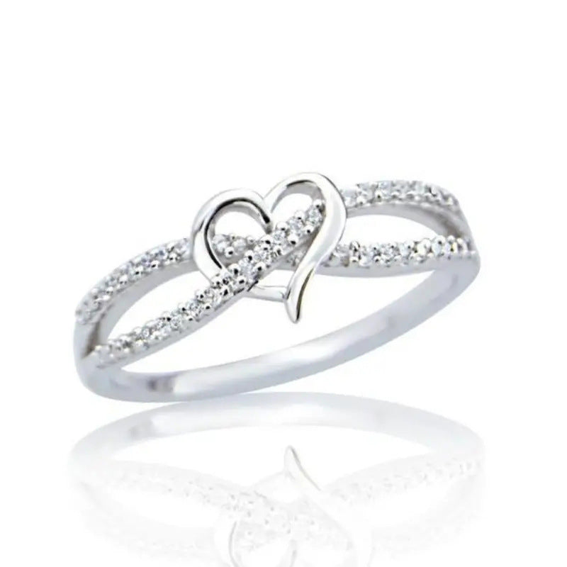 Infinity Intertwined Heart Double Pave Band Promise Ring, 2-Tone Dainty Love Stackable Ring For Women