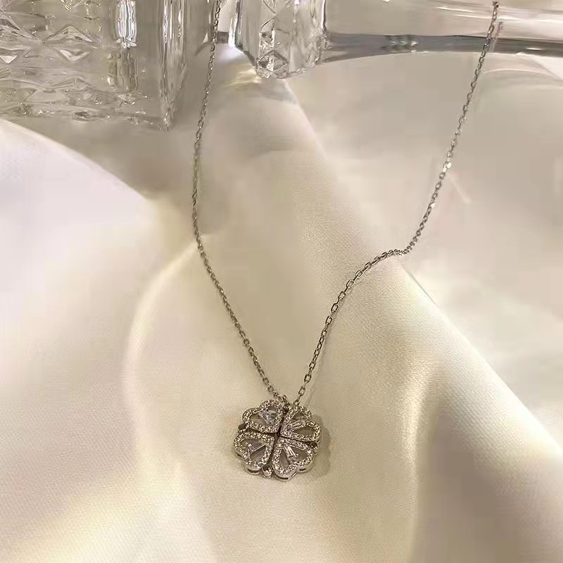 2-in-1 Convertible Clover Double Layer Heart Diamonds Necklace 2-Tone For Women