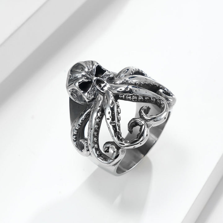 Gothic Skull Octopus Open Adjustable Statement Ring, Retro Deep‑Carved Sea‑Monster Punk Men’s Ring
